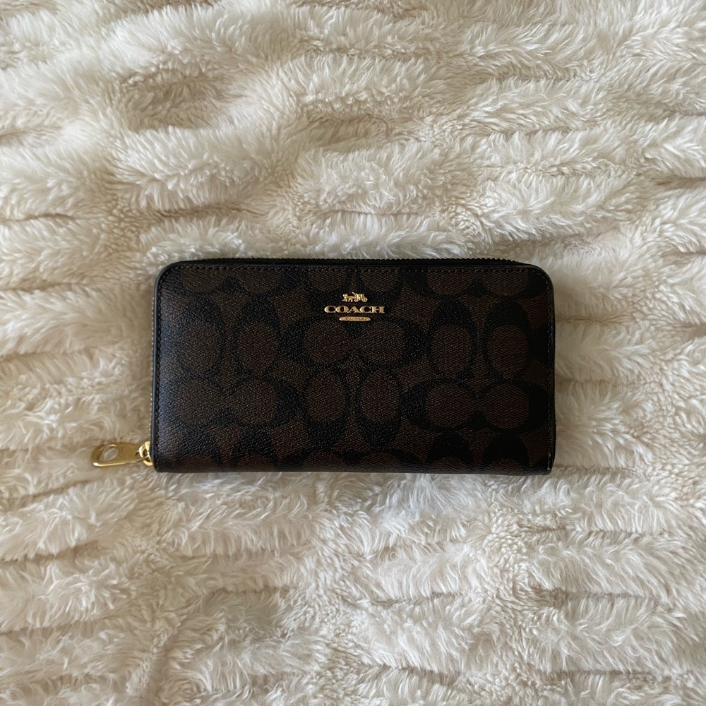 COACH Long Zip Around Wallet in Signature Canvas Brown and Black with Gold
